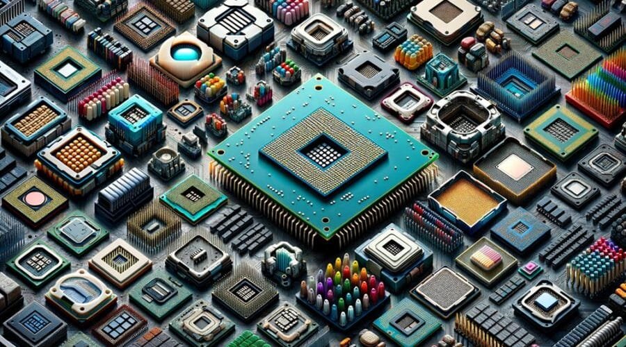 This image displays a computer chip with various colors, showcasing the different types of CPUs.