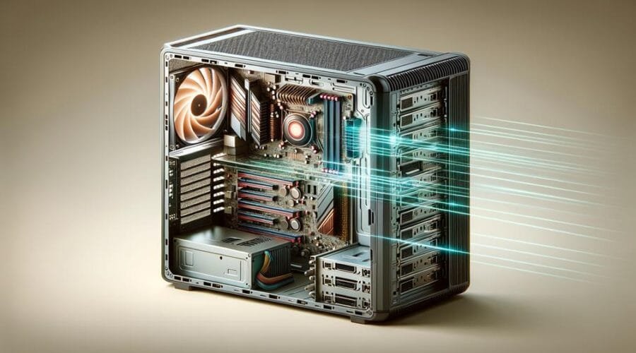 An ATX computer case with a cool light emitting from it, equipped with advanced cooling systems.