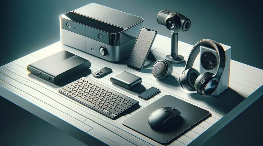 A collection of electronic devices, including both multimedia and storage devices, were placed on the table.