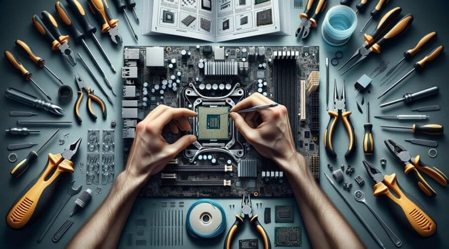 A person is working on a computer motherboard while troubleshooting power supply issues.