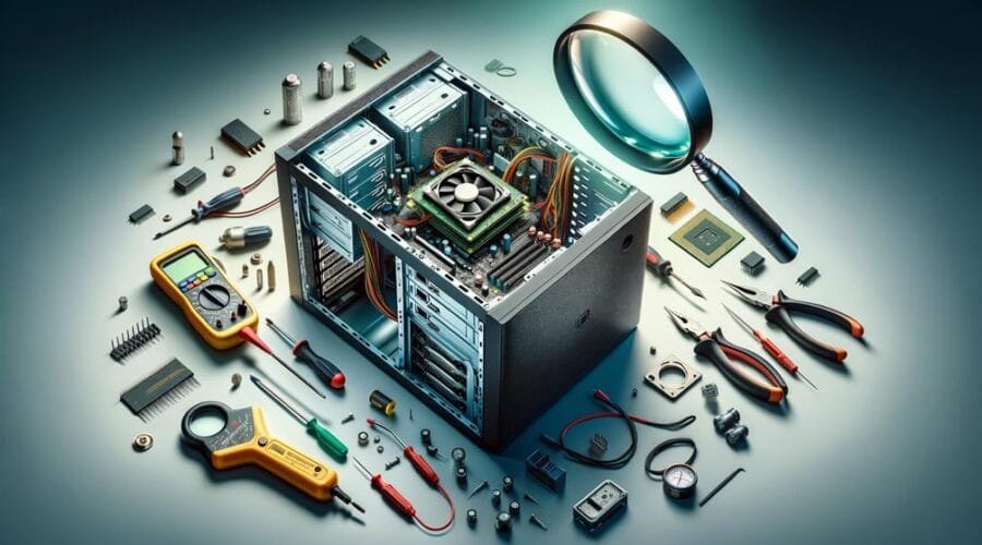 A computer is surrounded by a magnifying glass and various tools, indicating hardware upgrades for the CPU or troubleshooting CPU problems.