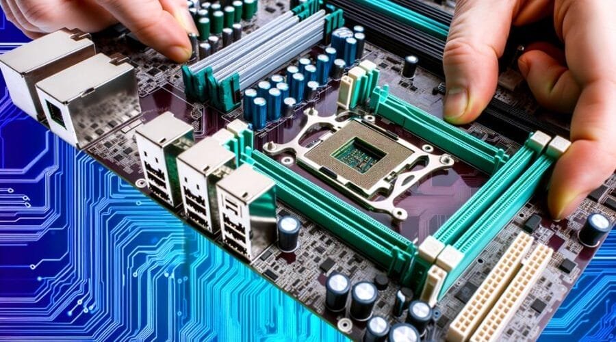 A person is working on a computer motherboard to determine the CPU Socket Type.