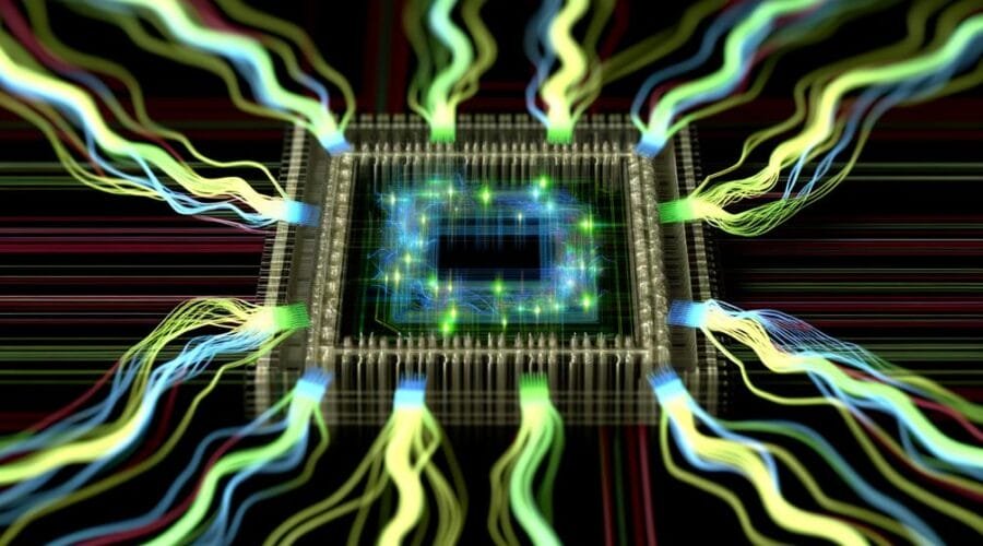 An image showcasing the intricate design of a computer chip featuring green and blue lights, highlighting CPU Threading Techniques.
