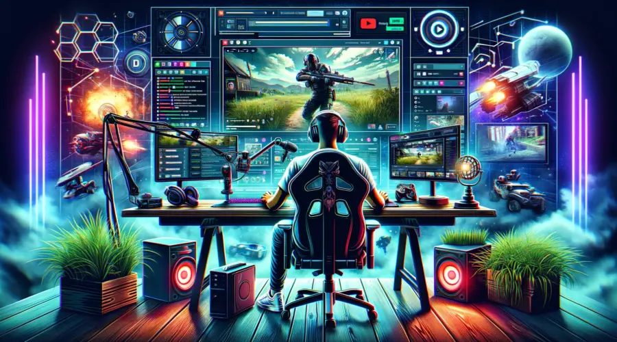 A man sitting at a desk in front of a computer screen, streaming on Twitch.