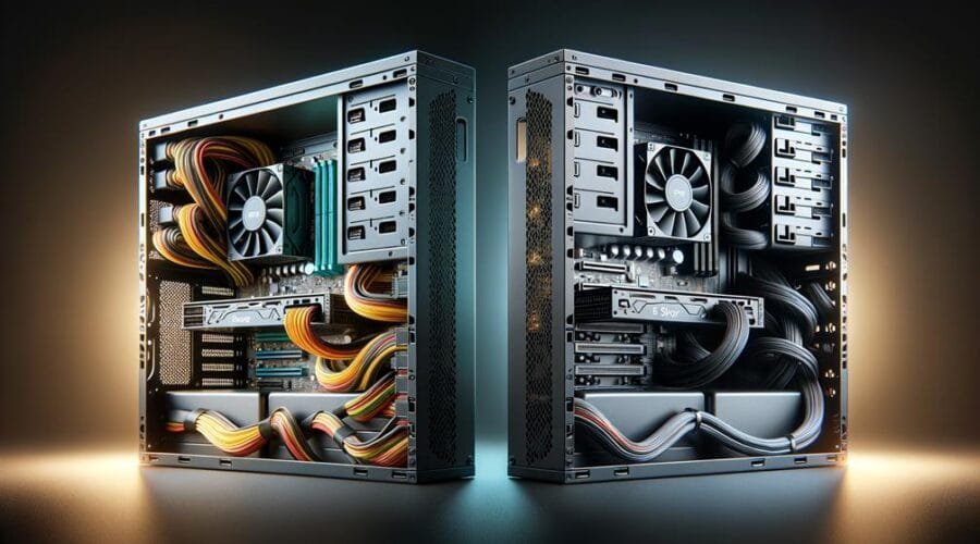 Two pc cases showcasing customizable power supply and PSU cable management on a dark background.